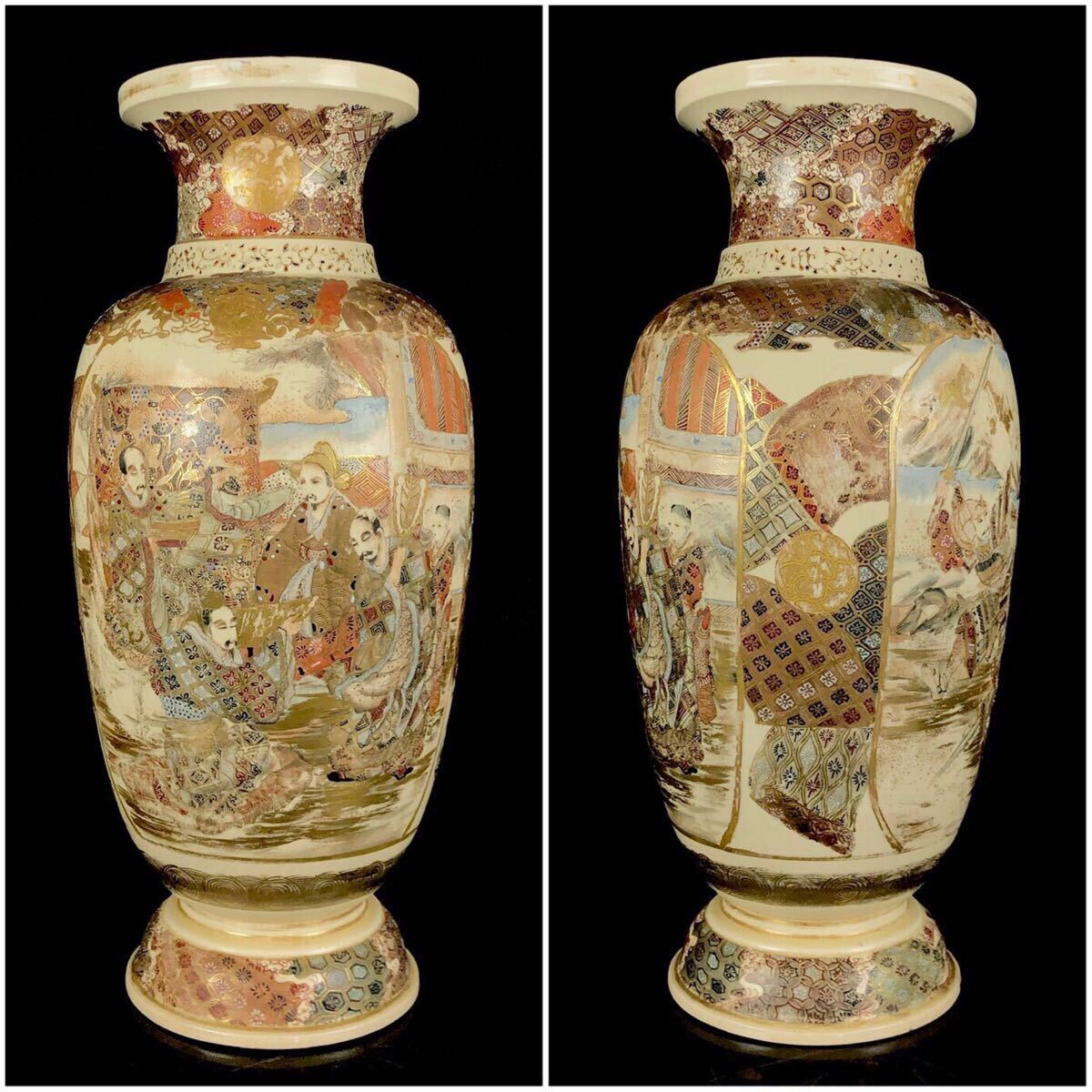 後】日本美術 薩摩焼 金襴手 花瓶 金彩 色絵 武士 人物風景図 窓