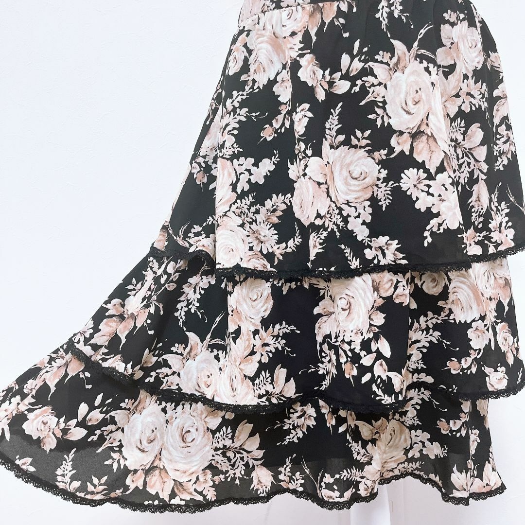 ◇ INGEBORG インゲボルグ スカート ひざ丈 花柄 レース 多段フリル サイズ 11 L 黒 ブラック 薄ピンク レディース_画像8