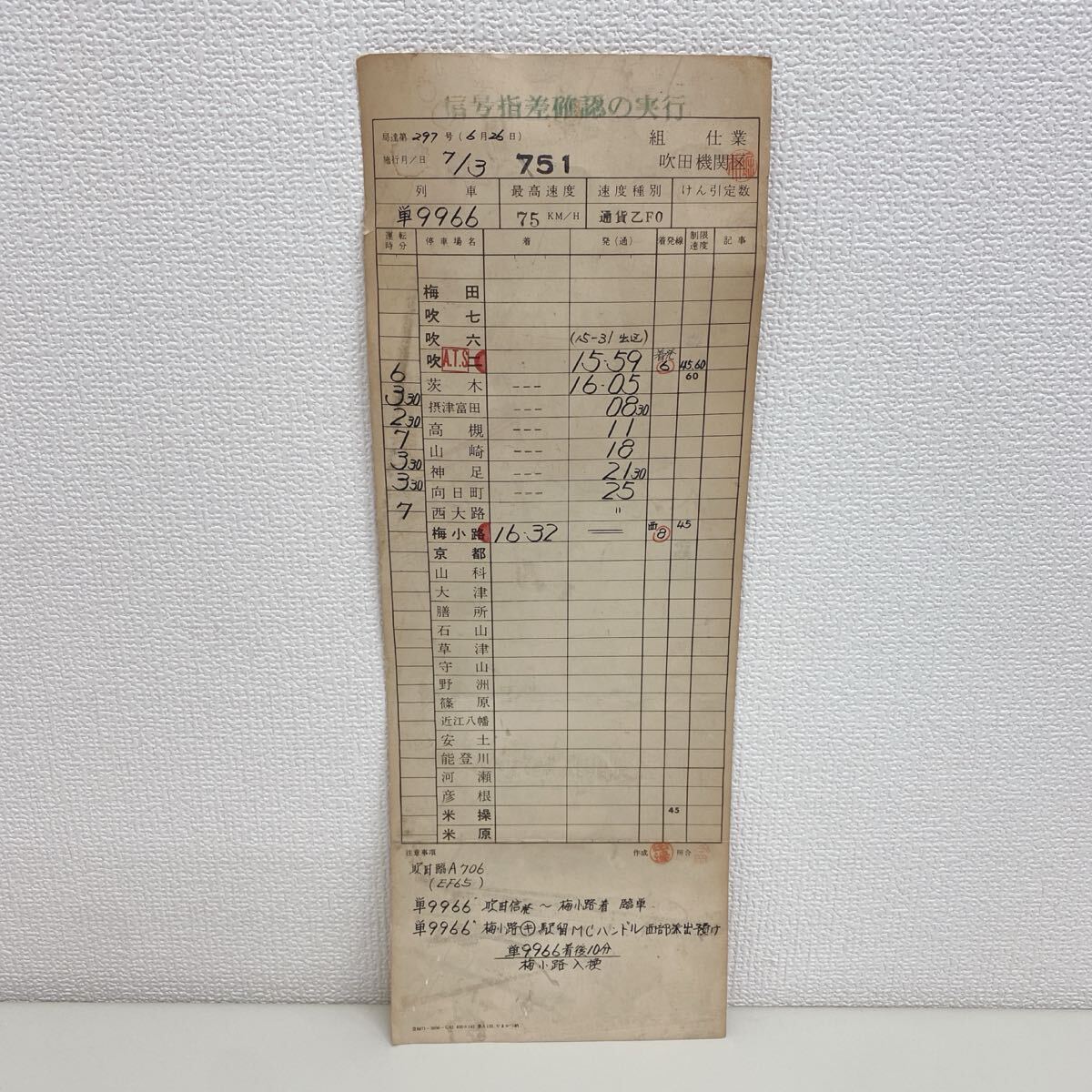 refle● 激レア！運転士時刻表 吹田機関區(qū) 吹田臨A706（EF65）7月3日 単9966 吹田信発?梅小路著　當時物　コレクター　現(xiàn)狀品【B】