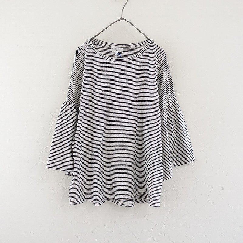 【美品】クローズド CLOSED *コットンボーダー柄フレアスリーブカットソー*S薄手シャツネイビーホワイト(27-2504-53)【10E52】