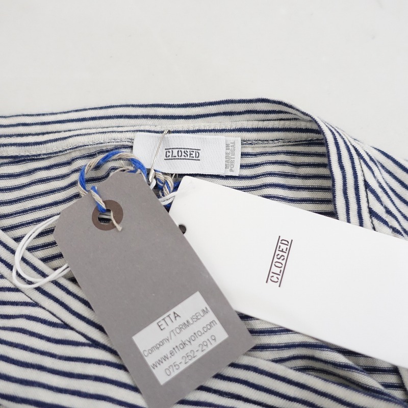 【美品】クローズド CLOSED *コットンボーダー柄フレアスリーブカットソー*S薄手シャツネイビーホワイト(27-2504-53)【10E52】