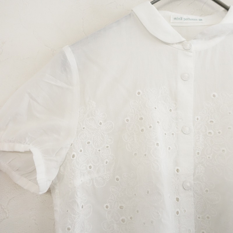ミナペルホネン mina perhonen *sometimes lucky 刺しゅうブラウス*36薄手コットン綿シャツ半袖ホワイト(27-2503-103)【13E52】