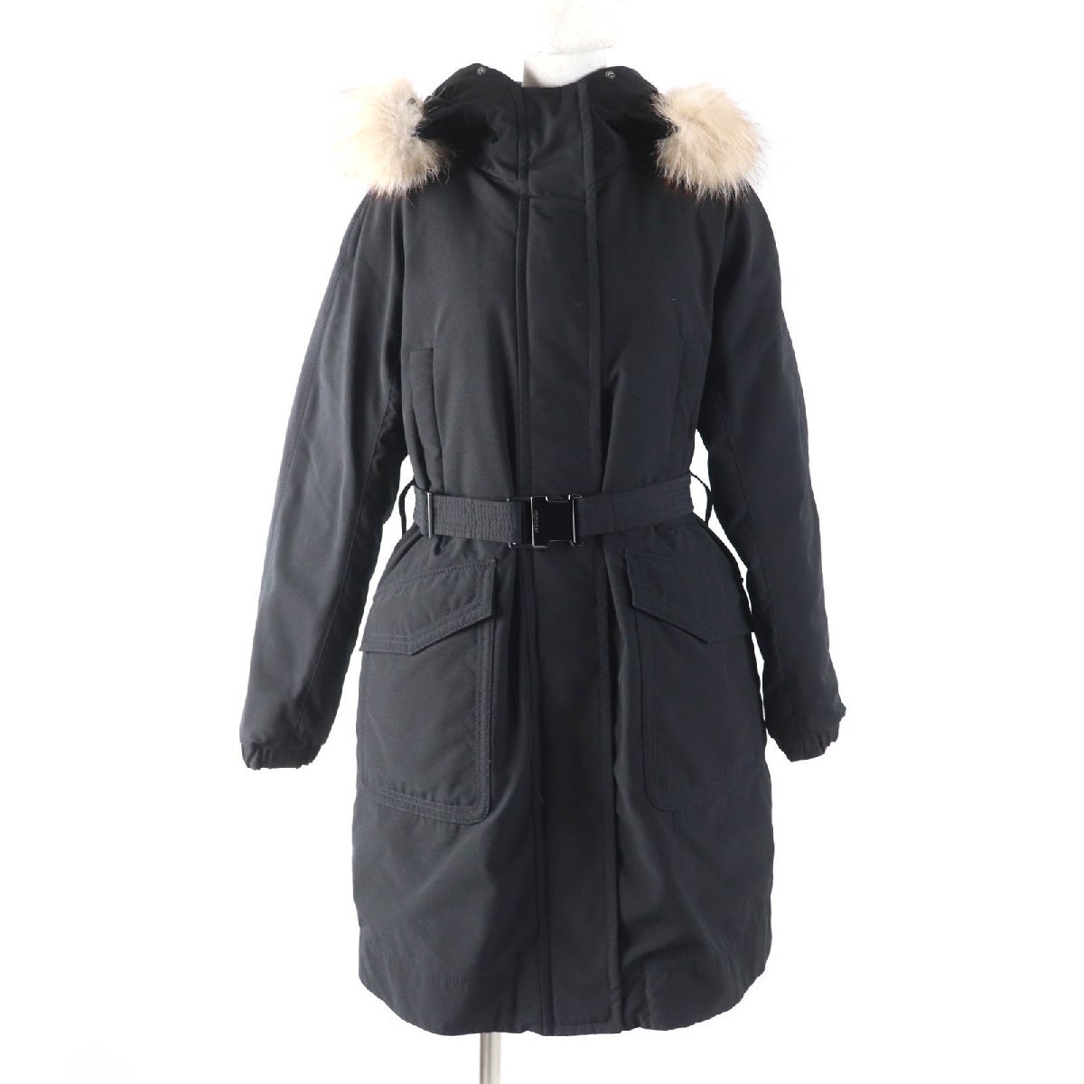 極美品☆MONCLER モンクレール 21-22AW CAMELINE ロゴワッペン?ブルーフロストファー?フード付 ダウンコート ブラック 1 國內(nèi)正規(guī)品