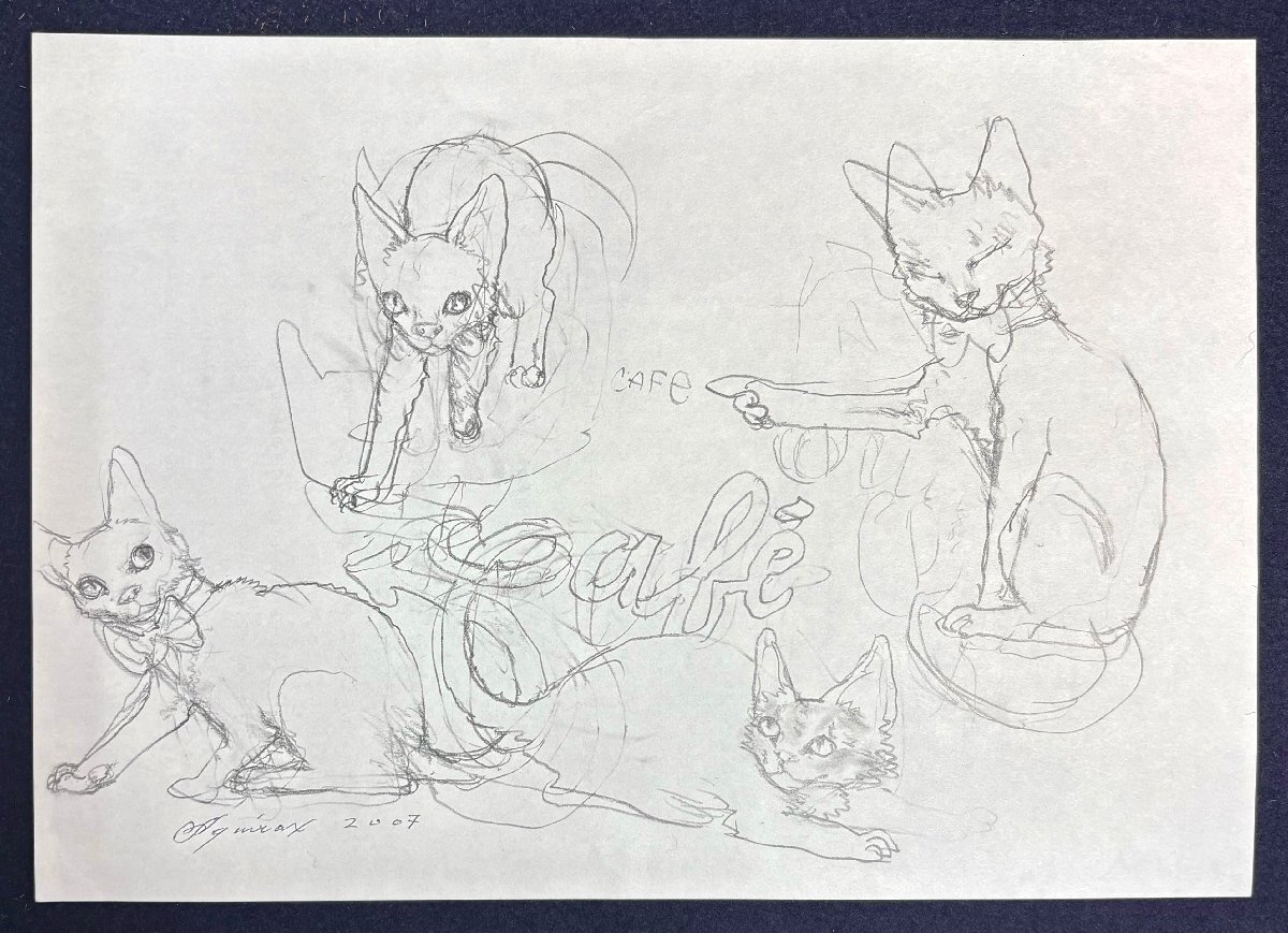 5-16446)4点 宇野亜喜良 猫 女の子 ボールペン 鉛筆 ペン画