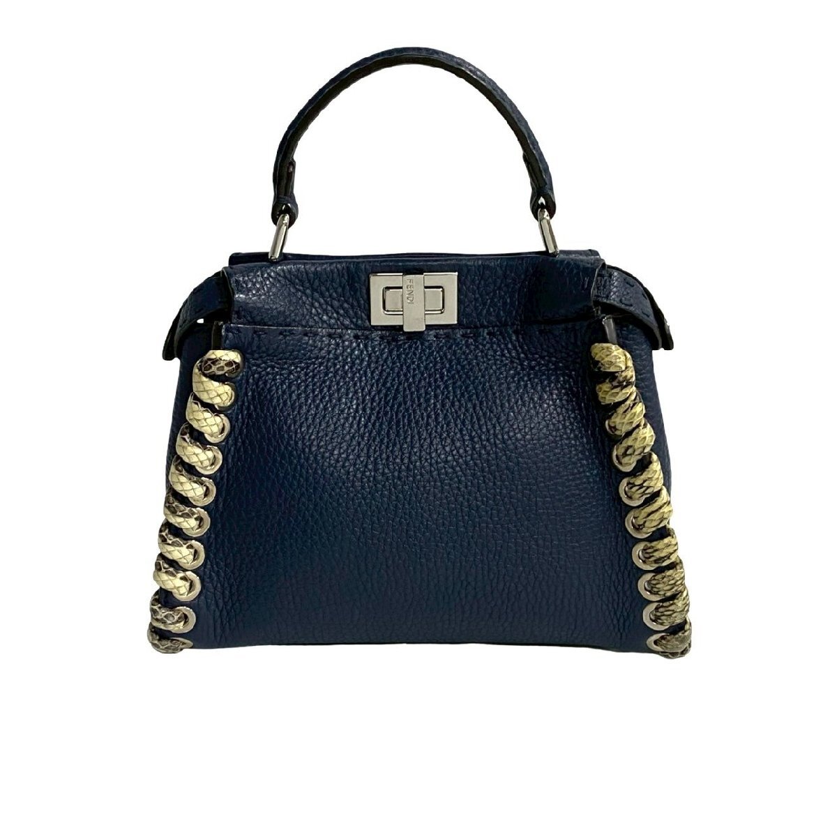 極 美品 FENDI フェンディ ピーカブー ミニ セレリア パイソン レザー 本革 2way ハンドバッグ ショルダーバッグ ネイビー 34793