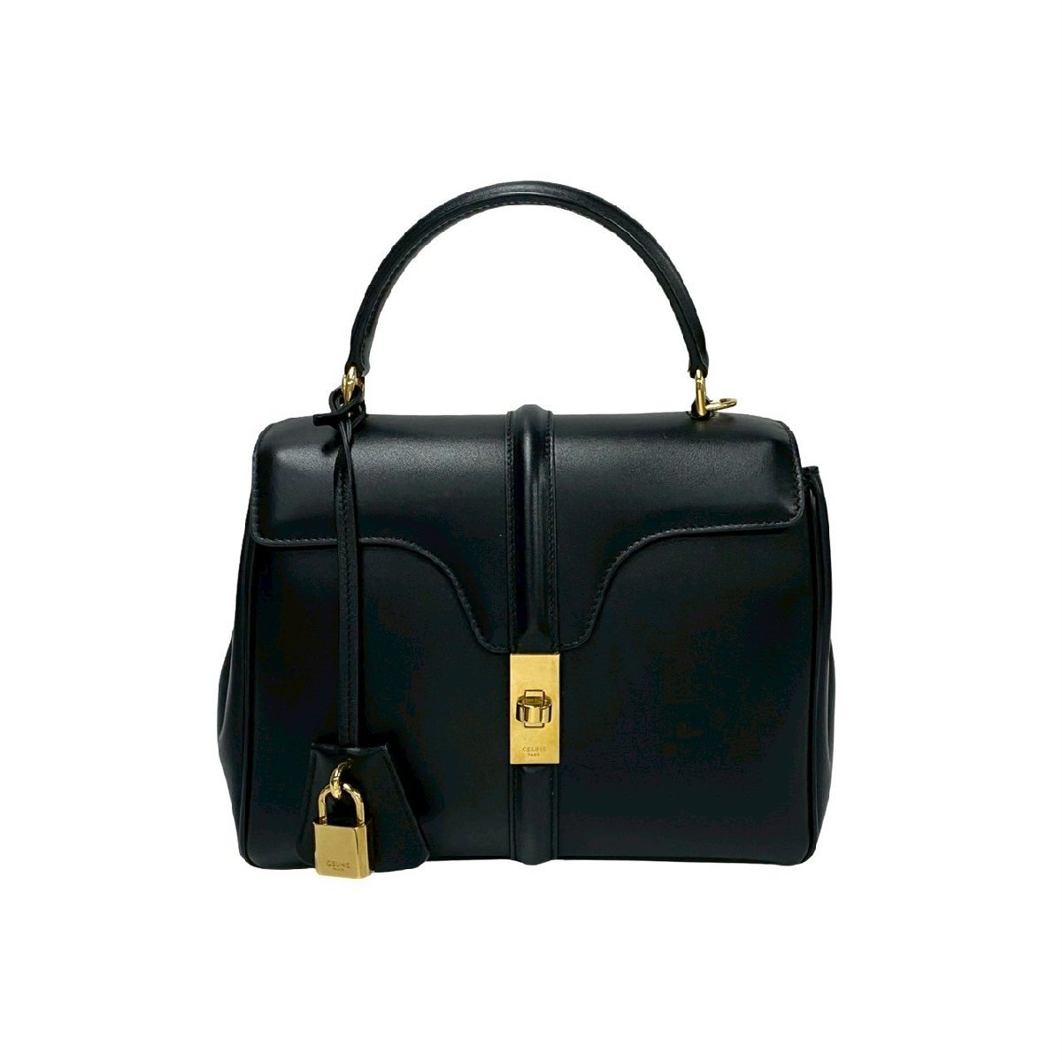 ほぼ未使用 希少品 袋付 CELINE セリーヌ セーズ スモール 16 ロゴ ターンロック 金具 レザー 本革 ハンドバッグ ブラック 57198