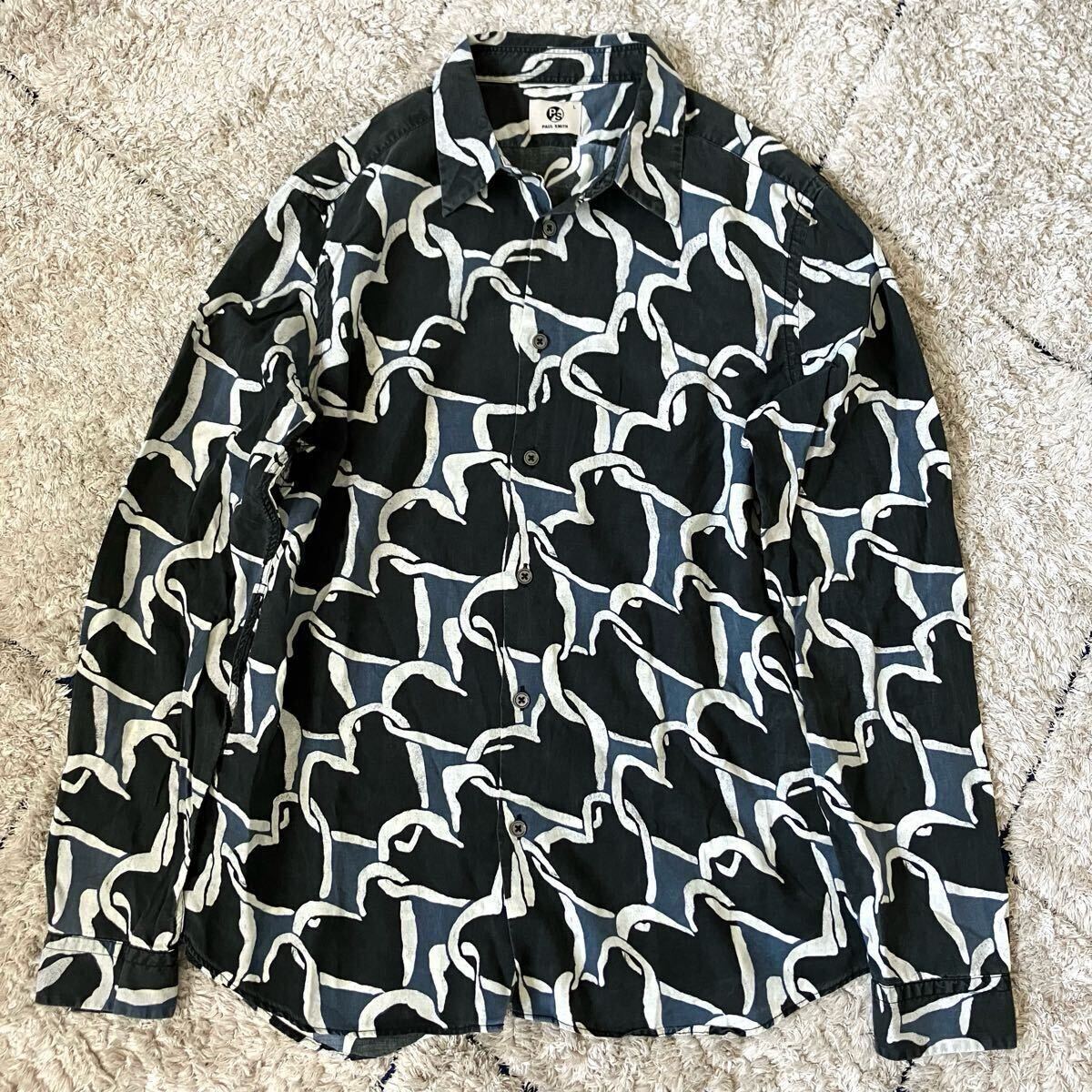美品◆Lサイズ?。S Paul Smith ピーエス ポールスミス シャツ 総柄 ハート柄 長(zhǎng)袖 メンズ マルチカラー 予備ボタンあり ブラック系