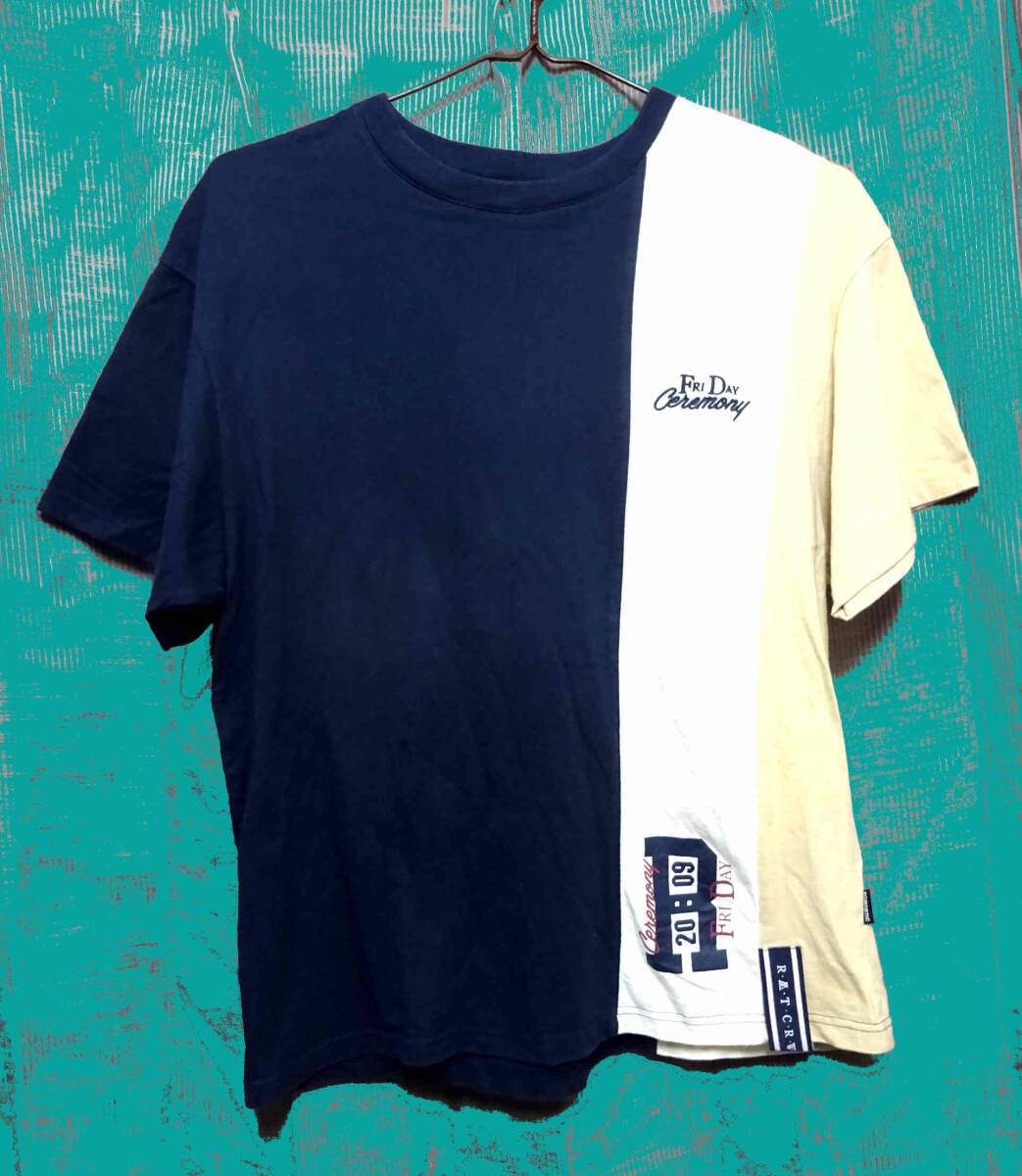●ＲＭＴＣＲＷ ロマンティッククラウン / コットン・ボートネック・切替え・プリントTシャツ・ネイビー＋ベージュ・サイズ：S / USED_画像1