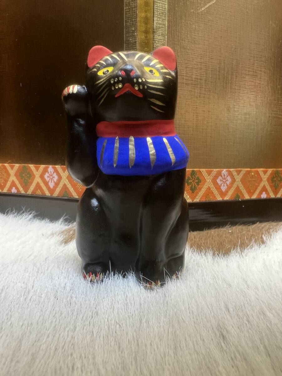 ■陶器■招き貓■黒ねこ■置物■小ぶり■ネコ■検索■伊萬里■瀬戸■九谷■マイセン■レトロアンティーク■縁起物■魔除け■