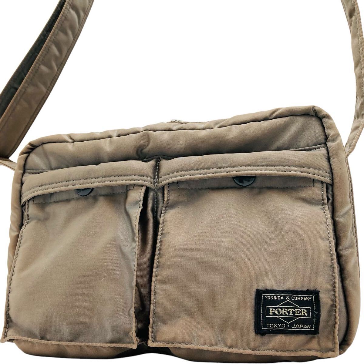 1円●PORTER ポーター ショルダーバッグ タンカー ナイロン ビジネス メンズ シルバー グレー 2層式