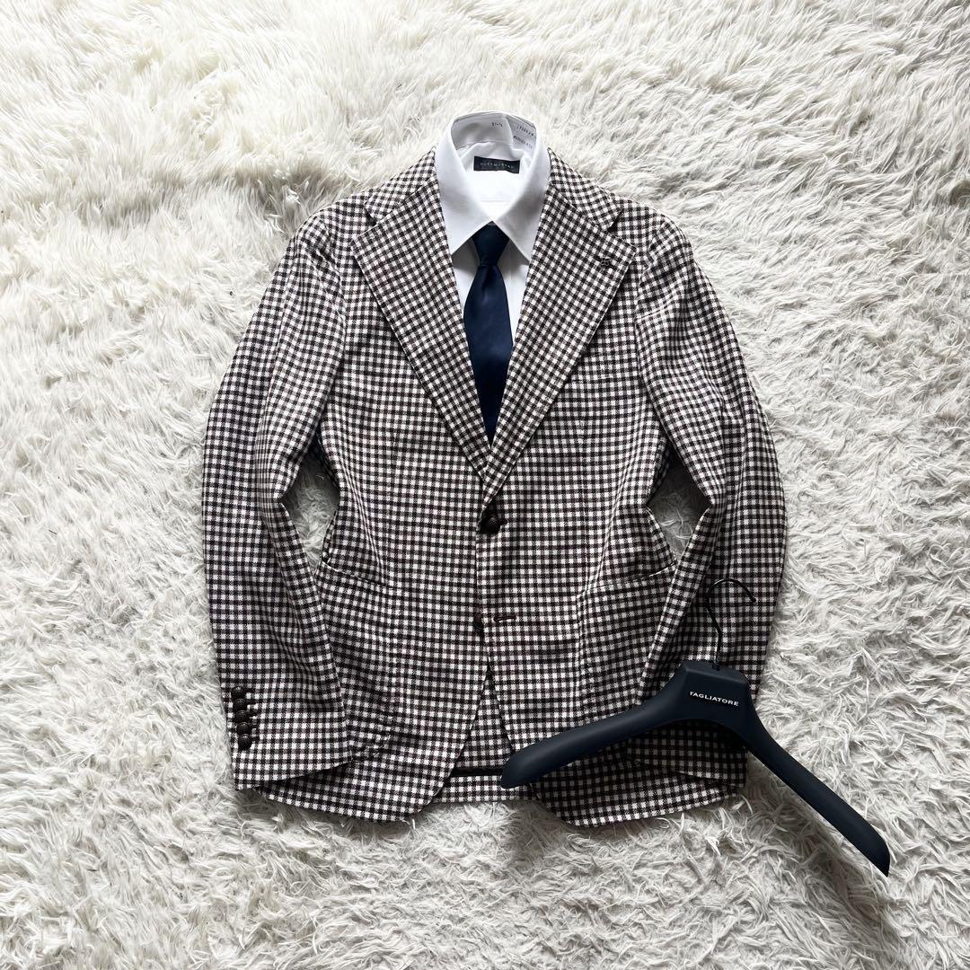 ＜極美品＞ TAGLIATORE タリアトーレ ウール シルク ブラウン チェック ジャケット サイズ48 Lサイズ ビジネス 結婚式_画像1
