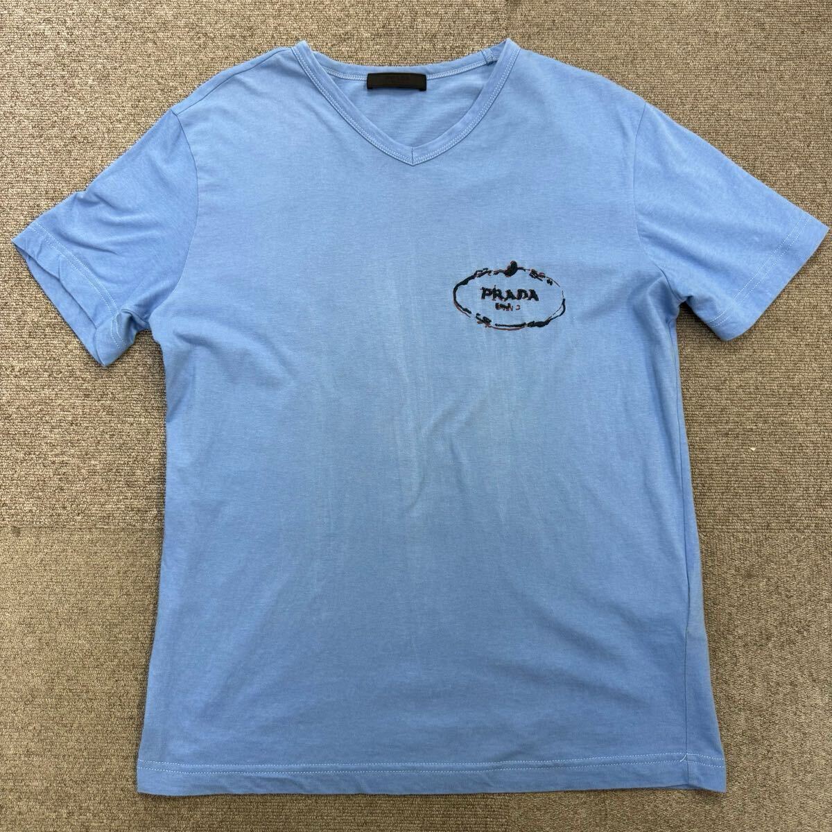 72『美品?現(xiàn)行タグ』 PRADA プラダ メンズ ロゴ刺繍 Vネック 半袖 Tシャツ トップス カットソー 后染め ブルー Sサイズ