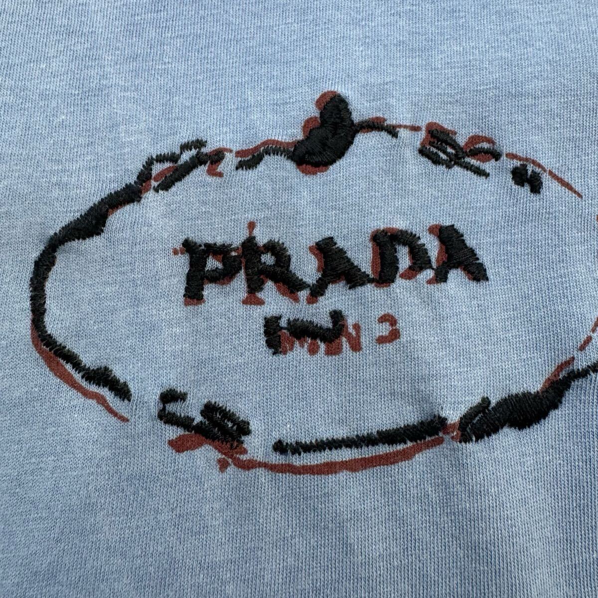 72『美品?現(xiàn)行タグ』 PRADA プラダ メンズ ロゴ刺繍 Vネック 半袖 Tシャツ トップス カットソー 后染め ブルー Sサイズ