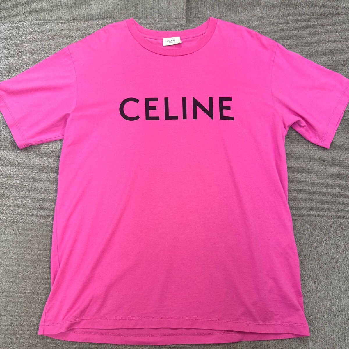 16『極美品?現(xiàn)行タグ』 CELINE セリーヌ メンズ 半袖 Tシャツ トップス オーバーサイズ ビッグロゴ プリント ピンク Mサイズ相當(dāng) 