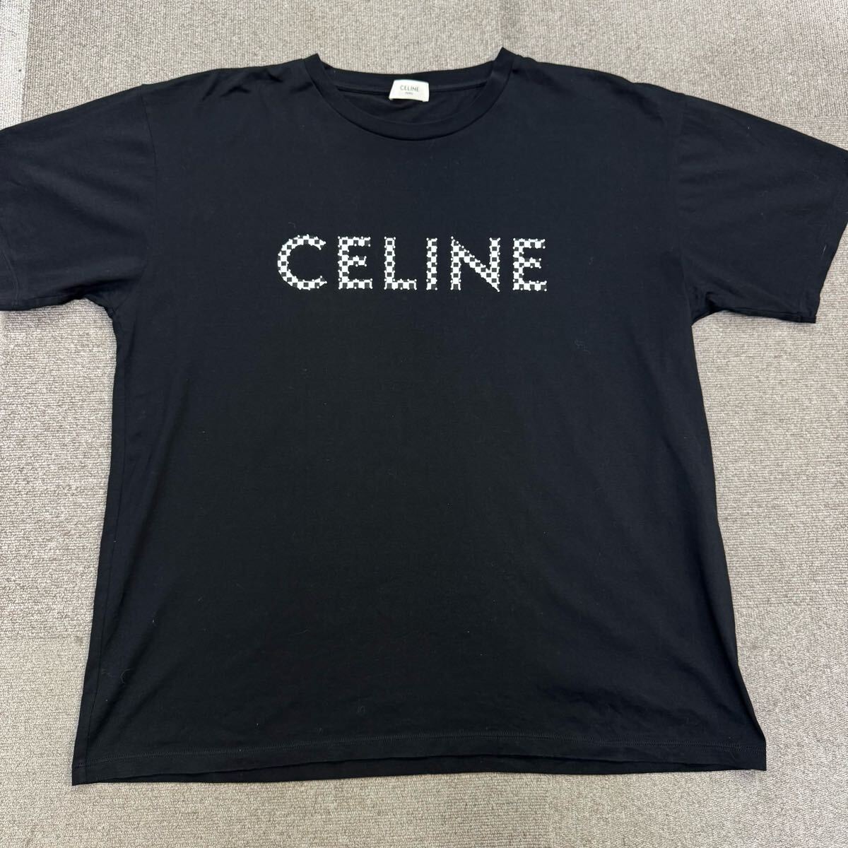 165 『美品?現(xiàn)行タグ』 CELINE セリーヌ メンズ 半袖 Tシャツ スタッズロゴ ギンガム チェック ブラック 黒 Lサイズ
