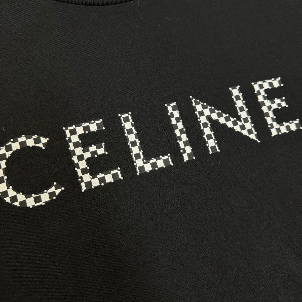 165 『美品?現(xiàn)行タグ』 CELINE セリーヌ メンズ 半袖 Tシャツ スタッズロゴ ギンガム チェック ブラック 黒 Lサイズ