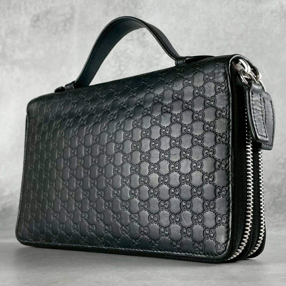 【W(wǎng)ファスナー/極美品】GUCCI グッチ マイクロシマ メンズ オーガナイザー クラッチバッグ セカンド トラベルケース 財布 レザー ブラック
