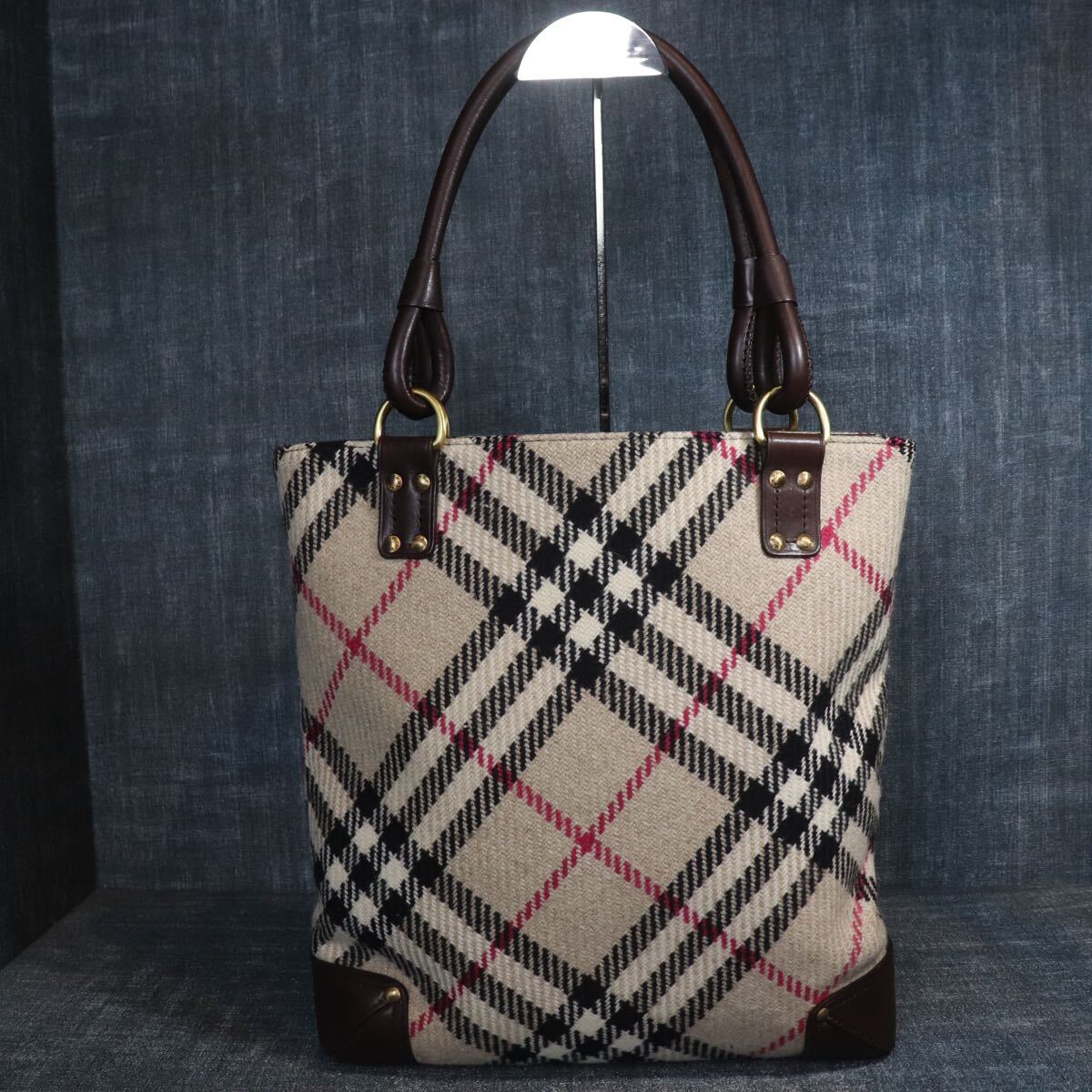 １円スタート Burberry A4可 肩掛け可 コットン × レザートートバッグ ノバチェック バイカラー バーバリー 1スタ