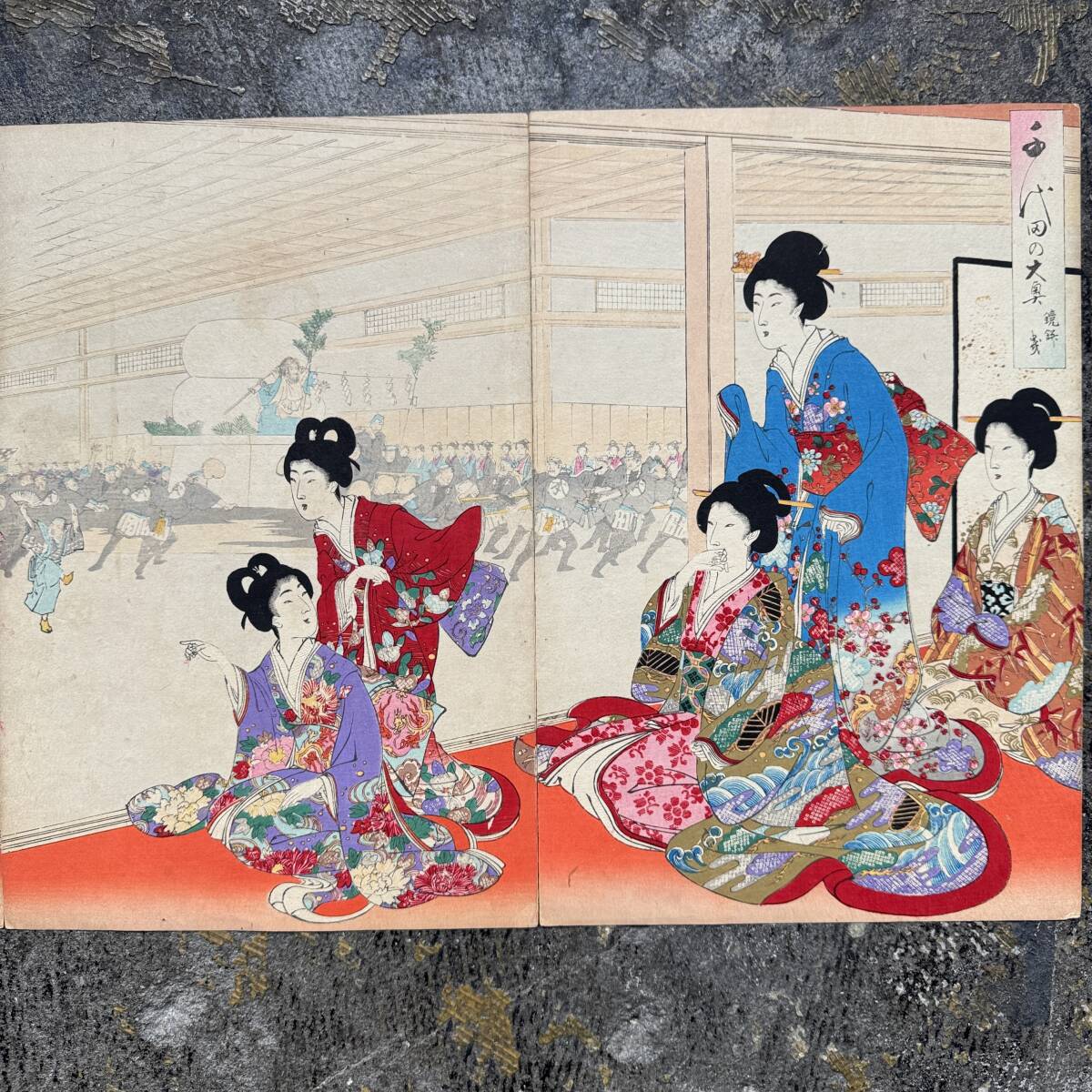 5-13真作【浮世絵】 揚州周延 千代田の大奧 美人畫 木版畫 明治時代 歴史資料 UKIYOE 蔵出し 當時刷り 本物浮世絵 三枚続 CHIKANOBU