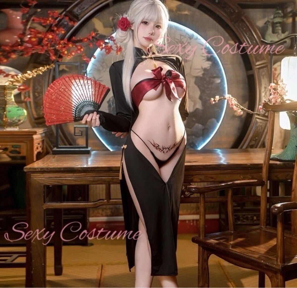 【2點(diǎn)セット】ワンピース＋Tバック　セクシーランジェリー　コスプレ衣裝 悩殺 小悪魔系 キャバ嬢 制服 チャイナドレス風(fēng)　004