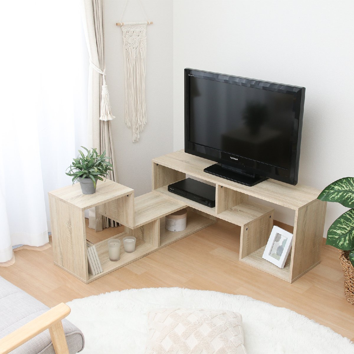 送料無料 伸縮式 テレビボード キャビネット L字型 コーナー TV臺 テレビ臺 収納 リビングボード 幅105~201cm 奧行30cm オークカラー 新品