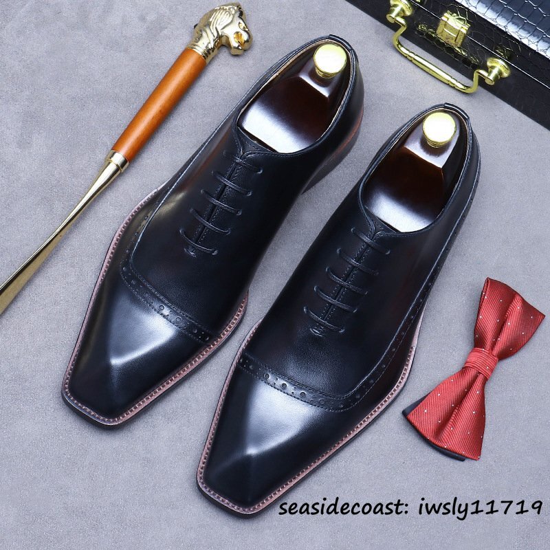 超希少★ビジネスシューズ メンズ 革靴 本革 レザーシューズ 職人手作り 彫り 紳士靴 冠婚葬祭 高級牛革 フォーマル 新品 ブラック 25.0cm