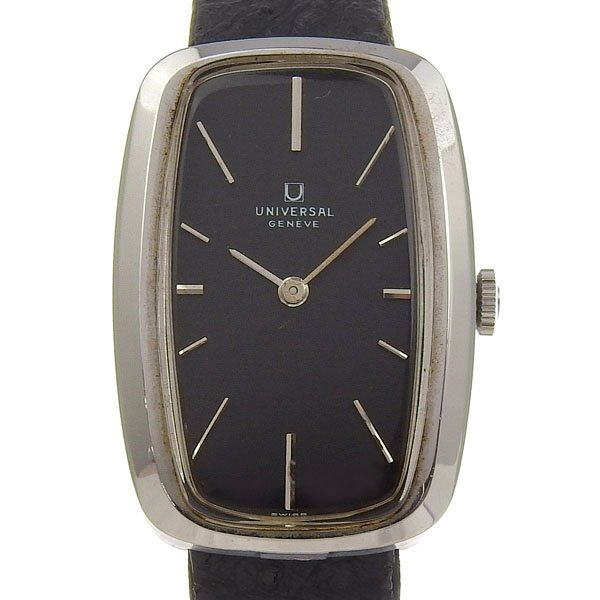 1円 稼働 ユニバーサルジュネーブ UNIVERSAL GENEVE 手巻き スクエア 黒文字盤 SS×レザー メンズ 腕時計