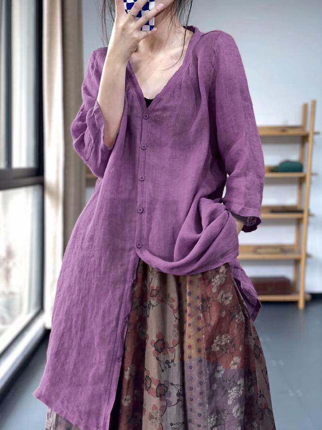 весна лето новый товар ~ рубашка женский блуза tops красивый . хлопок лен длинный рубашка одноцветный tops тонкий выгоревший на солнце участок кардиган ~ лиловый