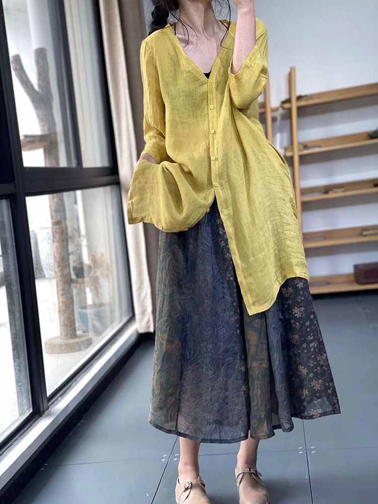 весна лето новый товар ~ рубашка женский блуза tops красивый . хлопок лен длинный рубашка одноцветный tops тонкий выгоревший на солнце участок кардиган ~ лиловый