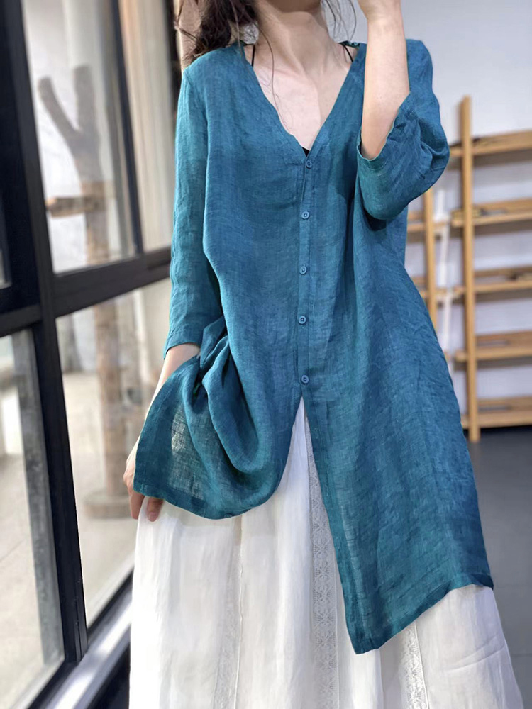 весна лето новый товар ~ рубашка женский блуза tops красивый . хлопок лен длинный рубашка одноцветный tops тонкий выгоревший на солнце участок кардиган ~ лиловый