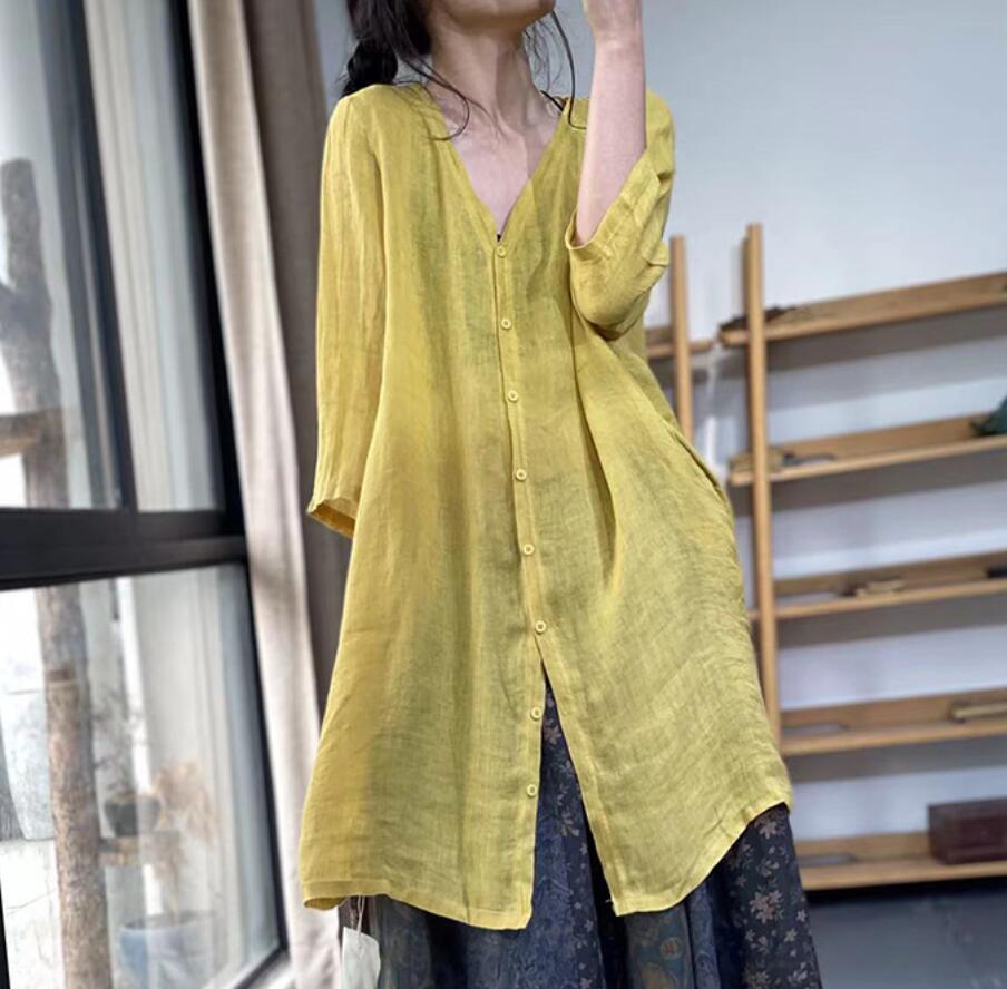 весна лето новый товар ~ рубашка женский блуза tops красивый . хлопок лен длинный рубашка одноцветный tops тонкий выгоревший на солнце участок кардиган ~ лиловый