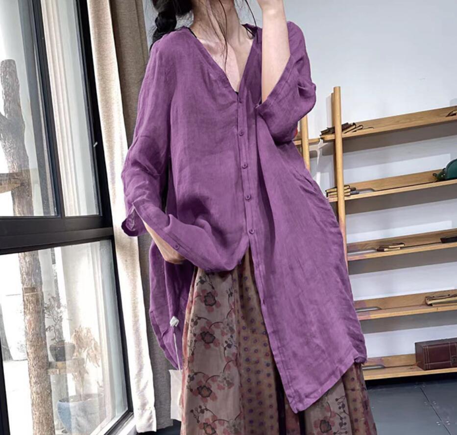 весна лето новый товар ~ рубашка женский блуза tops красивый . хлопок лен длинный рубашка одноцветный tops тонкий выгоревший на солнце участок кардиган ~ лиловый весна лето новый товар ~ рубашка женский блуза tops красивый . хлопок лен длинный рубашка одноцветный tops тонкий выгоревший на солнце участок кардиган ~ лиловый