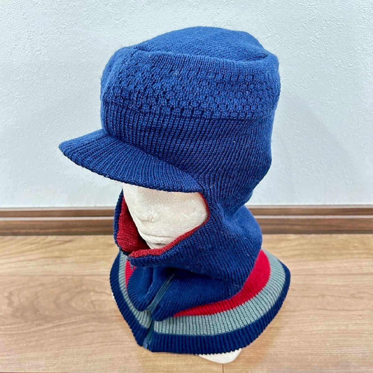 日本製◎(^w^)b ネックウォーマー付き ニットキャップ 帽子 目出し帽 アクリル ウール 防寒 アウトドア 釣り ネイビー 紺/OYC1770YY_画像1