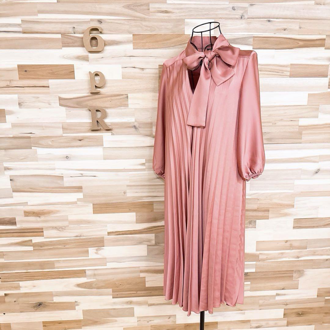 【ザラ】リボン タイ付き ゆったり プリーツ ワンピース Vネック XS ピンク【HFby6PR】レディース・洋服・春夏・秋冬【5BZB】_画像1