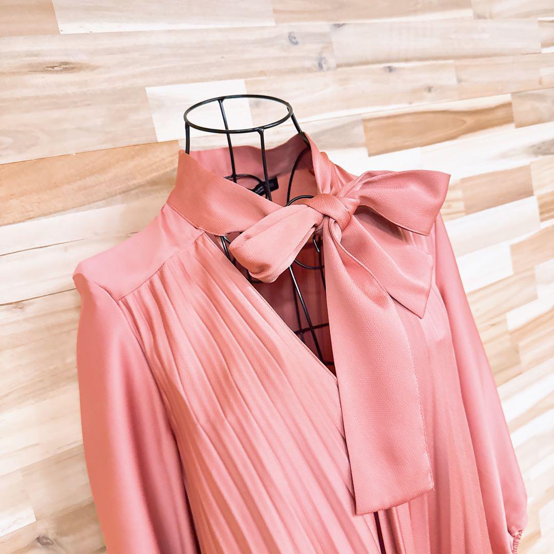 【ザラ】リボン タイ付き ゆったり プリーツ ワンピース Vネック XS ピンク【HFby6PR】レディース・洋服・春夏・秋冬【5BZB】_画像3