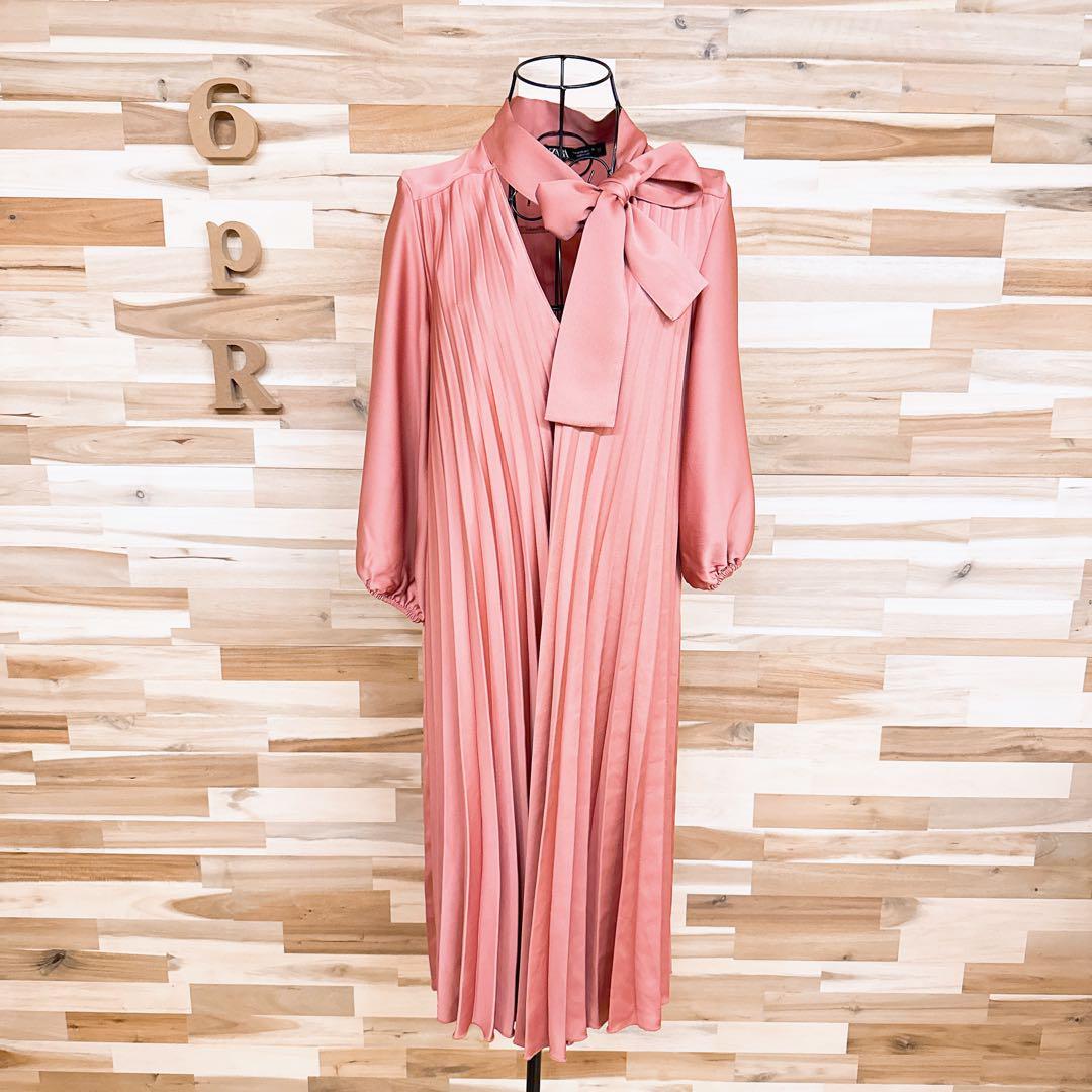 【ザラ】リボン タイ付き ゆったり プリーツ ワンピース Vネック XS ピンク【HFby6PR】レディース・洋服・春夏・秋冬【5BZB】_画像5