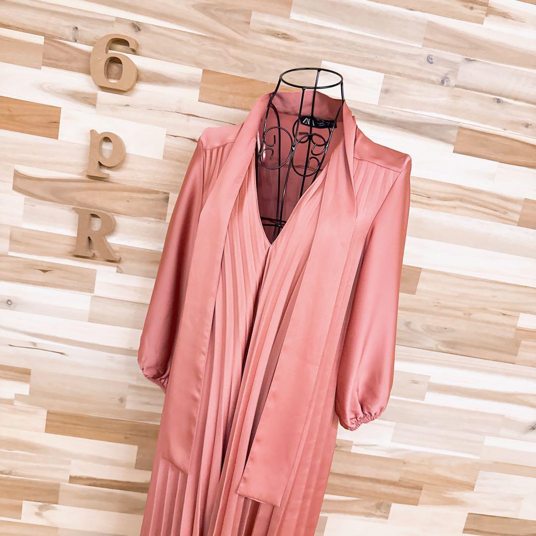 【ザラ】リボン タイ付き ゆったり プリーツ ワンピース Vネック XS ピンク【HFby6PR】レディース・洋服・春夏・秋冬【5BZB】_画像8