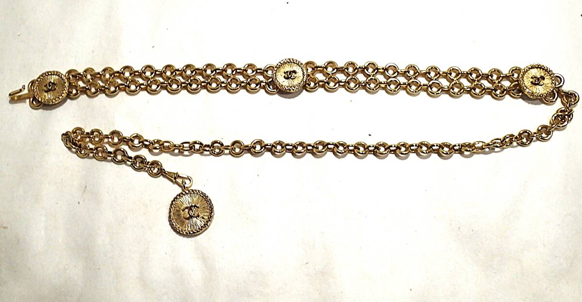 超美品.CHANEL.シャネル２連.ベルト８０?金色.チェーン2重チェーン34ｘ3＋４6x0.8〇型大直徑2.5?1個(gè)〇型直徑２?３個(gè).重.44g.