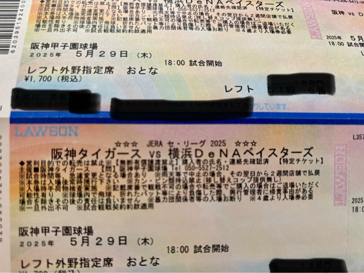 5月29(木)　甲子園　坂神タイガース 対 橫浜DeNAベイスターズ 戦　レフト外野指定席 大人2枚 連番 送料無料