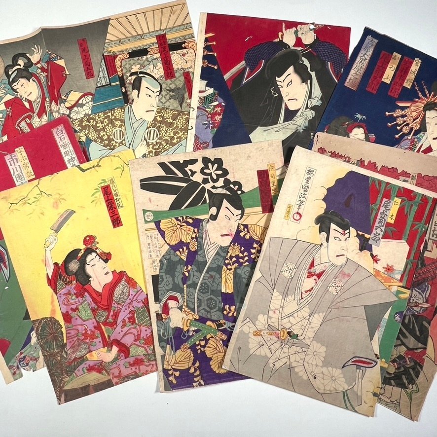 787 【10枚まとめて】豊原國(guó)周 白石噺明神森場(chǎng) 金井谷五郎／尾上菊五郎 他◆歌舞伎絵◆役者絵◆版畫(huà)◆浮世絵◆真作