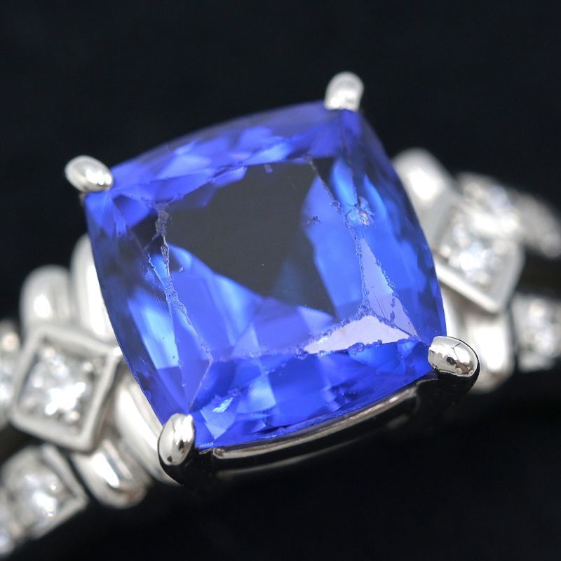 tasaki4.29ct танзанит кольцо 14 номер Pt900 с отделкой 0.16ct diamond 1 шарик один шарик синий камень кольцо подушка cut платина металлы 9.2g б/у бесплатная доставка 
