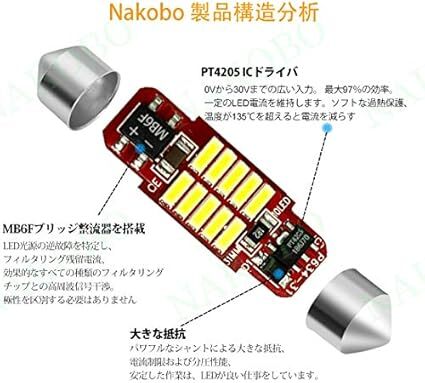 led ルームランプ T10 x 31mm 12-24V 対応 ホワイト 4個 安定した流れ キャンセラー內(nèi)蔵 無極性 2W 40