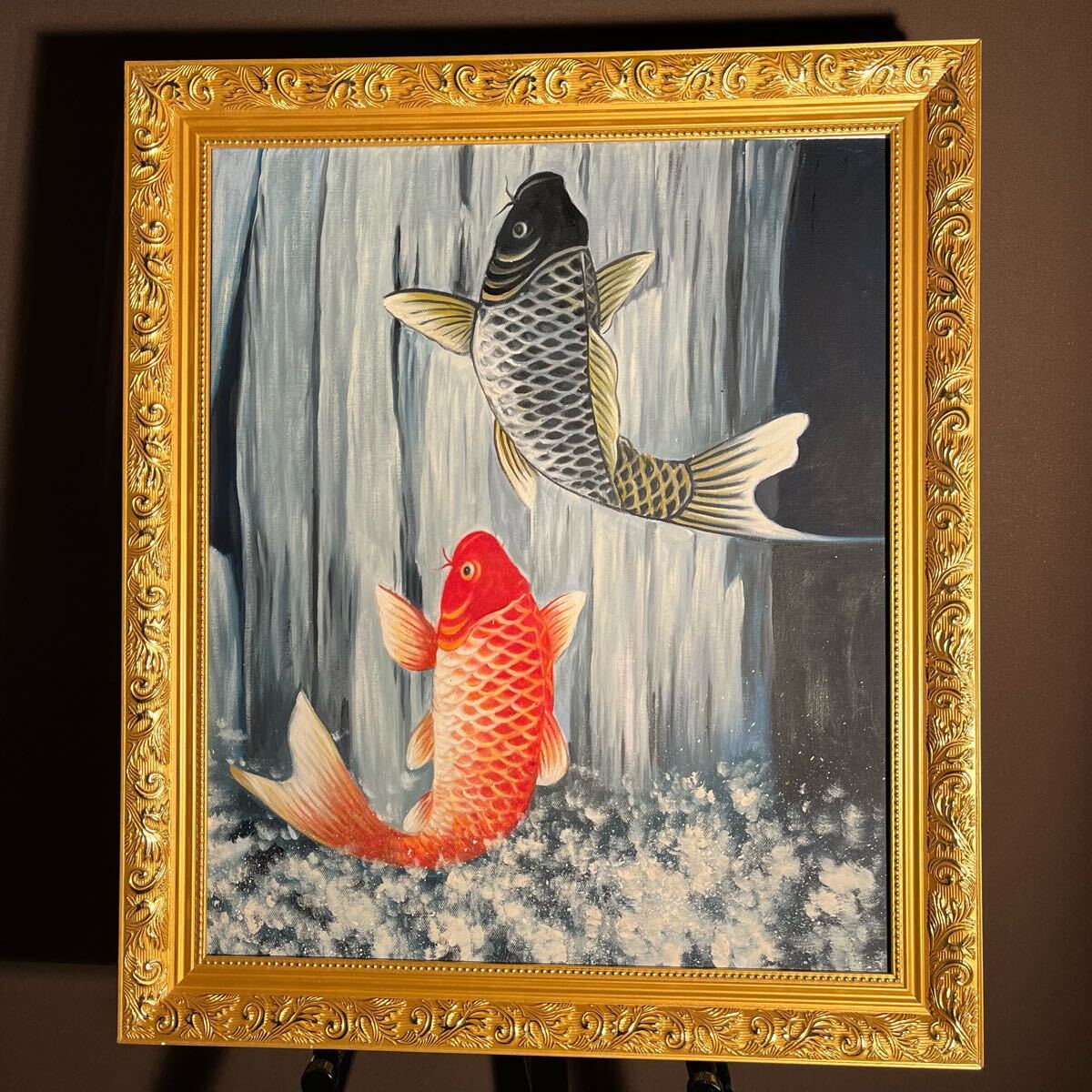手書き油絵 鯉の滝登り 額付き 肉筆絵画 インテリア 油彩画 手書き油絵 鯉の滝登り 絵画 インテリア 油彩画