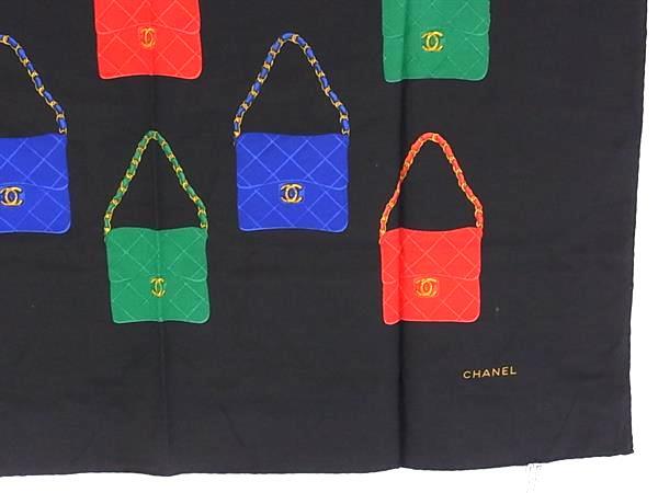 1円 ■美品■ CHANEL シャネル ココマーク シルク100% バッグ柄 総柄 スカーフ ストール ショール ブラック系×マルチカラー BJ8888