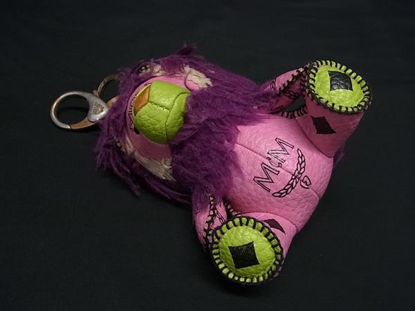 1円 MCM エムシーエム モノグラム ヴィセトス柄 レザー ライオン チャーム キーホルダー キーリング ピンク系×パープル系 FJ8081