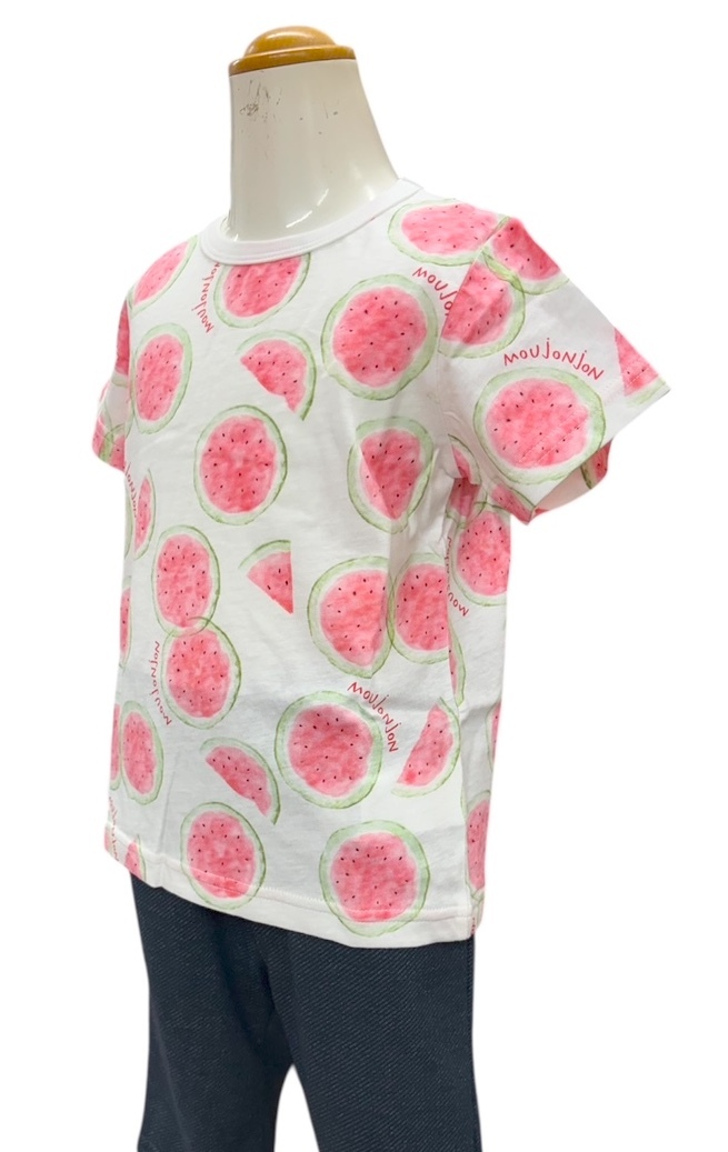 即決　新品タグ付 Moujonjon ムージョンジョン★部屋干しOK！男女兼用★ムージョン天竺 スイカ柄 半袖Tシャツ★日本制 90cm 1-2才 ￥1650