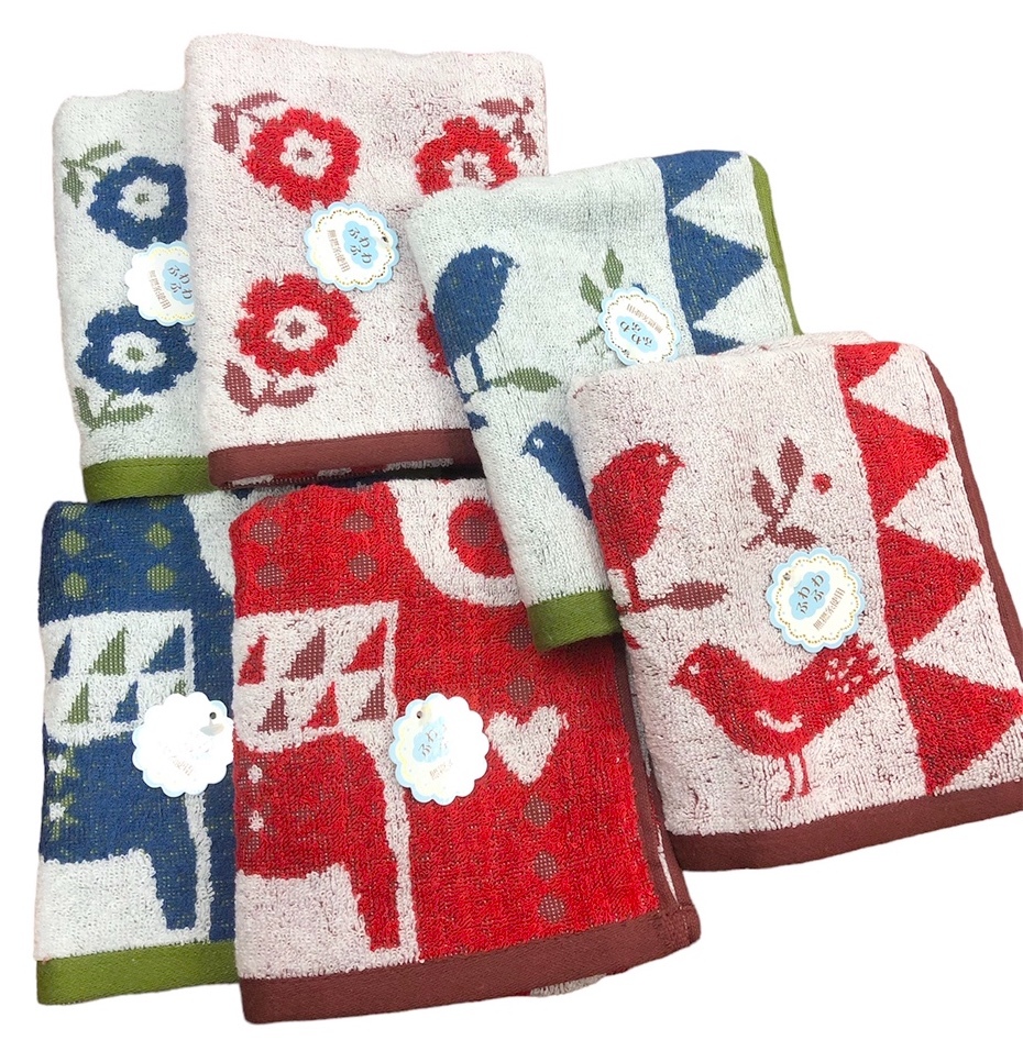 ■可愛いタオルセット　新品タグ付 ふわふわ 無撚糸フェイスタオル★まとめて6点★木で休む鳥 花 森の動物たち★ナチュラル系★￥3300_画像1
