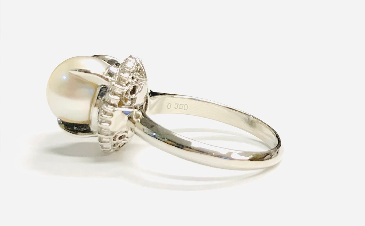 qoj.ZC505　PT900　プラチナ　白蝶真珠　ダイヤモンドリング　10.0ｍｍ玉/枠石0.360ｃｔ　17.5號　ソーティング付
