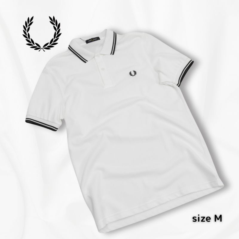 新品タグ付1.4萬◇FRED PERRY◇M3600 鹿の子ポロシャツ◇サイズM◇白×黒ライン◇フレッドペリー◇正規(guī)勥?