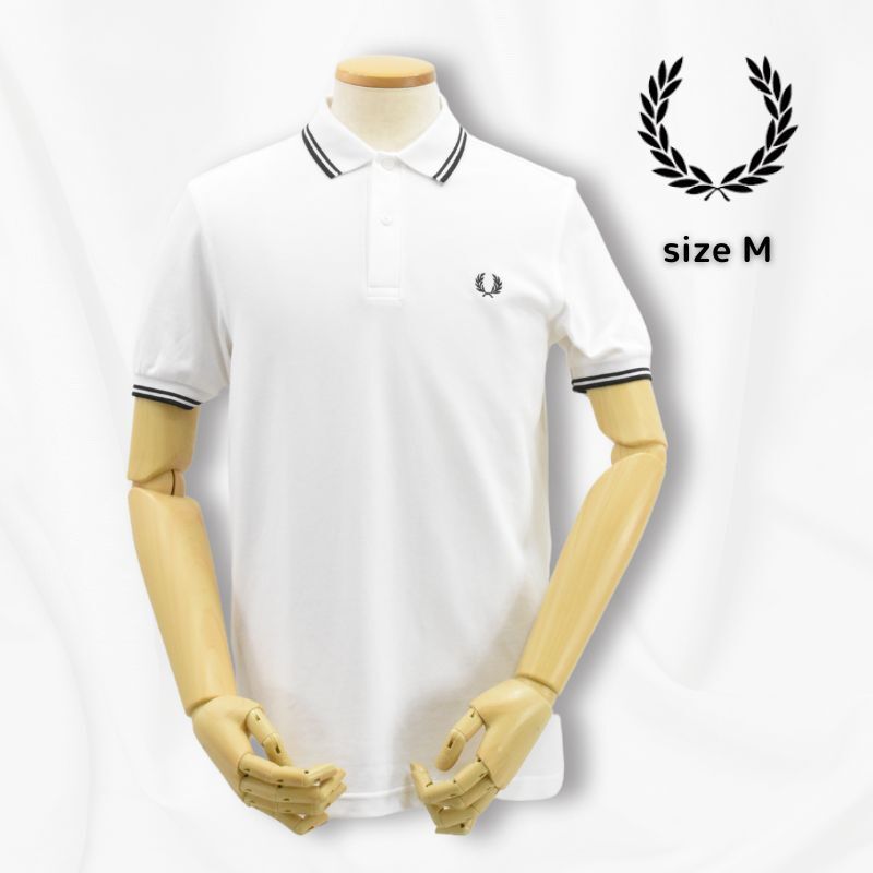 新品タグ付1.4萬◇FRED PERRY◇M3600 鹿の子ポロシャツ◇サイズM◇白×黒ライン◇フレッドペリー◇正規(guī)勥?